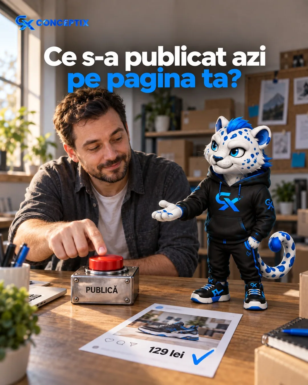 Un laptop deschis pe un birou de magazin online, cu calendarul lunii pe ecran: grila zilelor, cu miniaturi de postări în căsuțe, și o ștampilă discretă „Aprobat de tine” peste lună. Lângă laptop, o ca