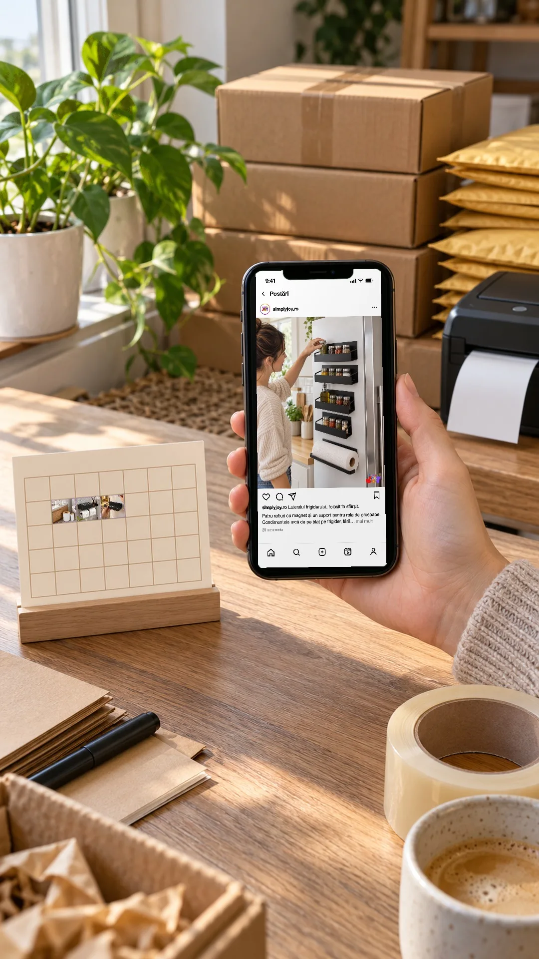 Un telefon ținut în mână, pe un birou cu colete și o imprimantă de etichete, cu o postare de Instagram afișată pe ecran: un produs real al unui client, cu logo-ul magazinului în colț. Lângă telefon, o
